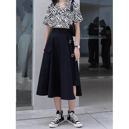 Elastic Waist Plain Asymmetrical Buckled Slit Midi A-Line Skirt