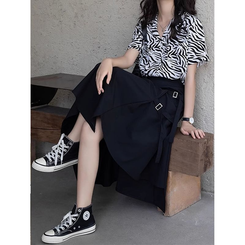 Elastic Waist Plain Asymmetrical Buckled Slit Midi A-Line Skirt