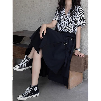 Elastic Waist Plain Asymmetrical Buckled Slit Midi A-Line Skirt