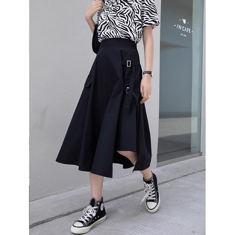 Elastic Waist Plain Asymmetrical Buckled Slit Midi A-Line Skirt