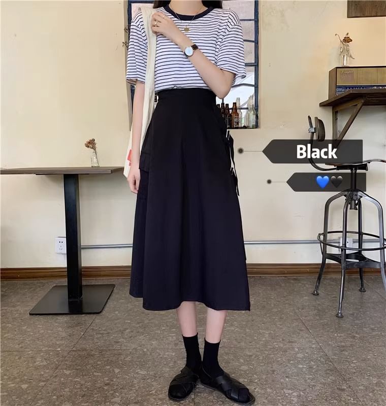 Elastic Waist Plain Asymmetrical Buckled Slit Midi A-Line Skirt