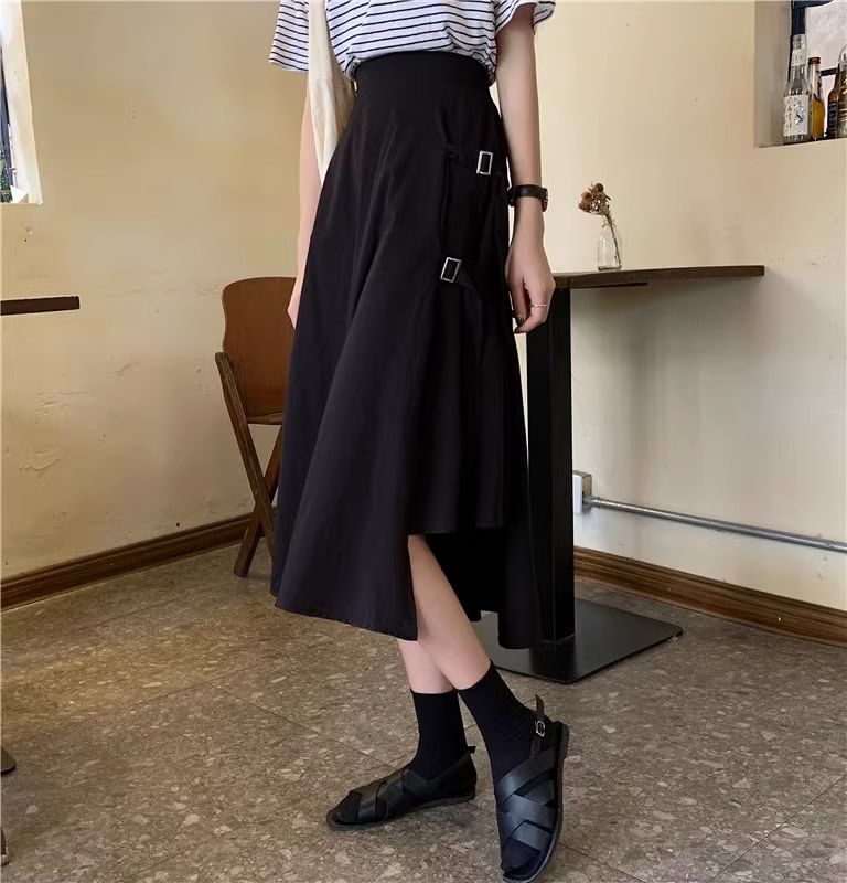 Elastic Waist Plain Asymmetrical Buckled Slit Midi A-Line Skirt