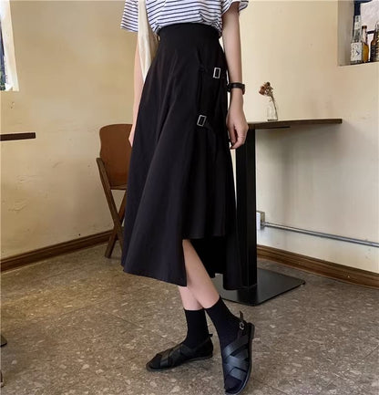 Elastic Waist Plain Asymmetrical Buckled Slit Midi A-Line Skirt