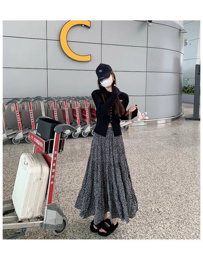 Elastic Waist Floral Midi A-Line Skirt