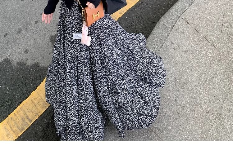 Elastic Waist Floral Midi A-Line Skirt