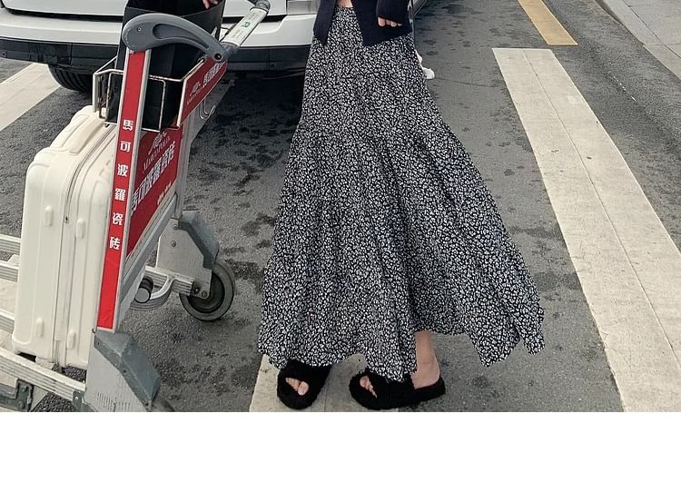 Elastic Waist Floral Midi A-Line Skirt
