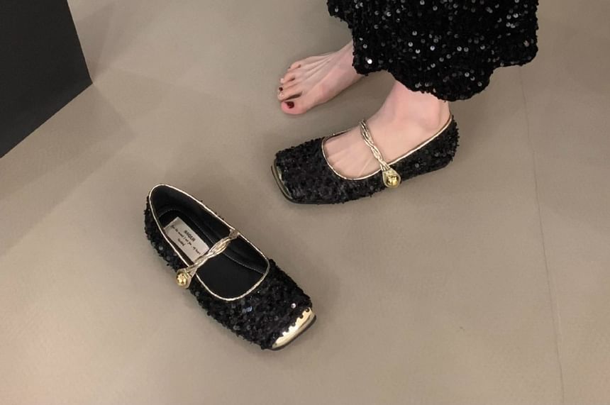 Square-Toe Sequined Mary Jane Shoes