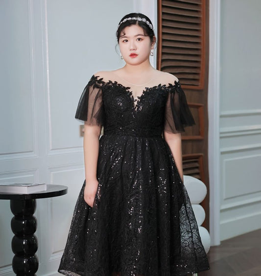 Plus Size Short-Sleeve Sequin Mesh Midi A-Line Evening Dress