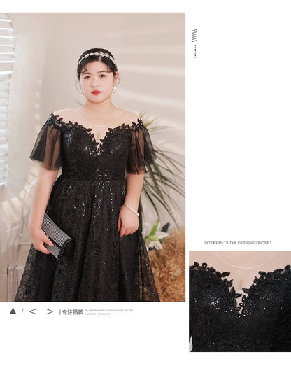 Plus Size Short-Sleeve Sequin Mesh Midi A-Line Evening Dress
