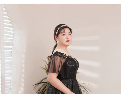 Plus Size Short-Sleeve Sequin Mesh Midi A-Line Evening Dress