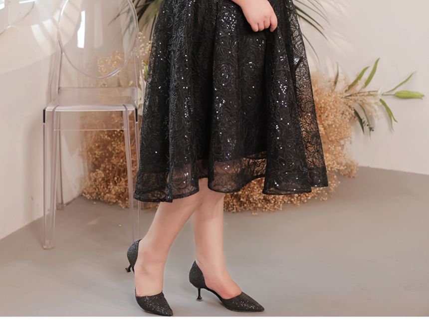 Plus Size Short-Sleeve Sequin Mesh Midi A-Line Evening Dress
