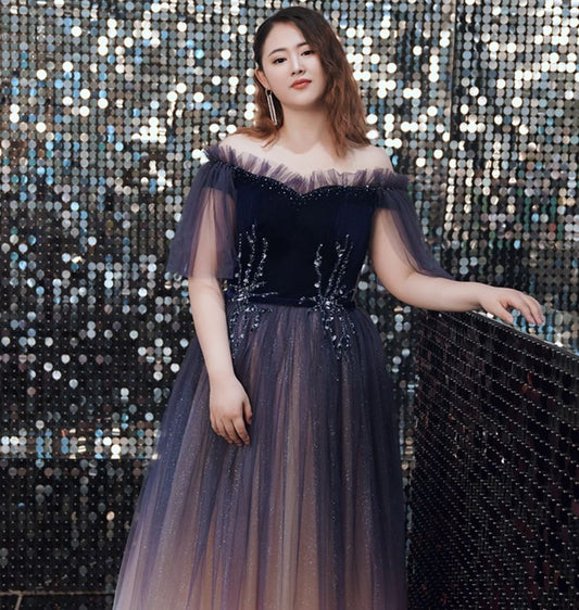 [3XL-7XL] Short-Sleeve Off-Shoulder Gradient Sequin A-Line Evening Gown