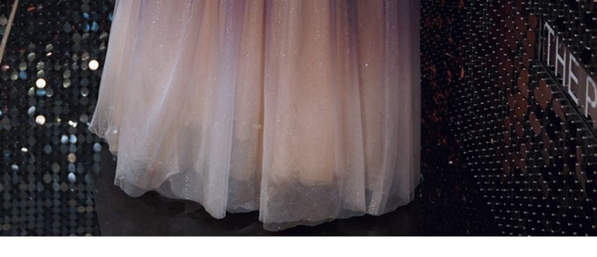 A-Line Sequin Plus Size Gown Gradient Short-Sleeve Off-Shoulder Evening