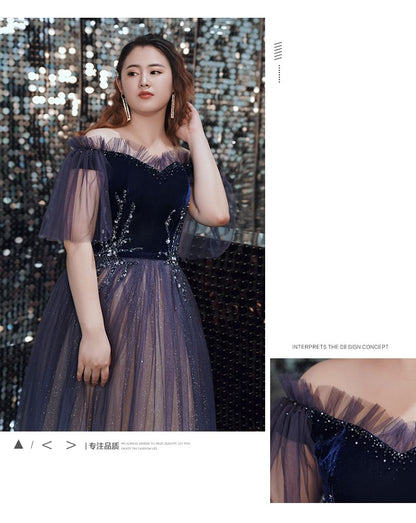 A-Line Sequin Plus Size Gown Gradient Short-Sleeve Off-Shoulder Evening