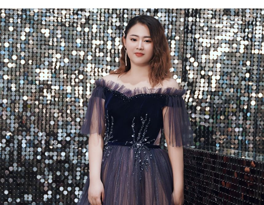 [3XL-7XL] Short-Sleeve Off-Shoulder Gradient Sequin A-Line Evening Gown