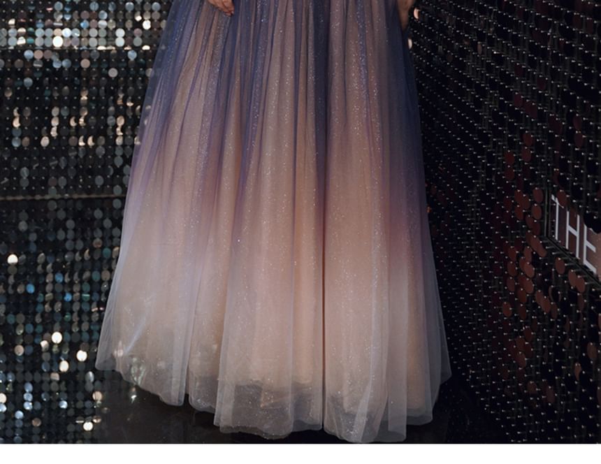 A-Line Sequin Plus Size Gown Gradient Short-Sleeve Off-Shoulder Evening