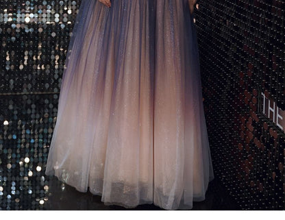 [3XL-7XL] Short-Sleeve Off-Shoulder Gradient Sequin A-Line Evening Gown