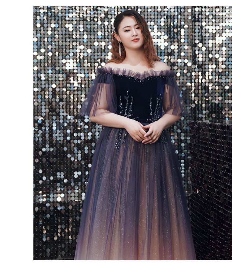 [3XL-7XL] Short-Sleeve Off-Shoulder Gradient Sequin A-Line Evening Gown