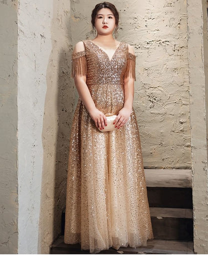 [3XL-7XL] Cold-Shoulder Sequin Fringed A-Line Evening Gown