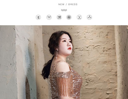 [3XL-7XL] Cold-Shoulder Sequin Fringed A-Line Evening Gown