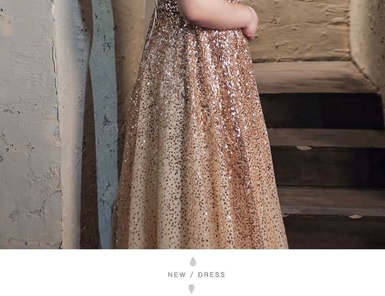 [3XL-7XL] Cold-Shoulder Sequin Fringed A-Line Evening Gown