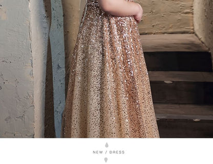 [3XL-7XL] Cold-Shoulder Sequin Fringed A-Line Evening Gown