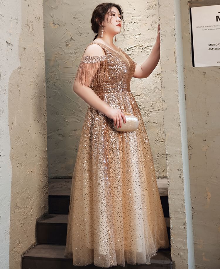 [3XL-7XL] Cold-Shoulder Sequin Fringed A-Line Evening Gown