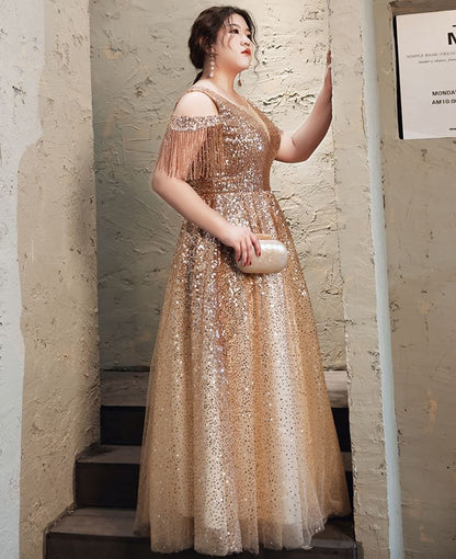[3XL-7XL] Cold-Shoulder Sequin Fringed A-Line Evening Gown