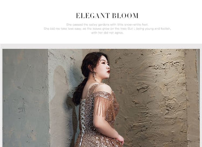 [3XL-7XL] Cold-Shoulder Sequin Fringed A-Line Evening Gown