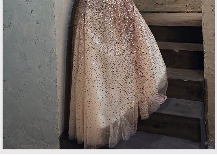 [3XL-7XL] Cold-Shoulder Sequin Fringed A-Line Evening Gown