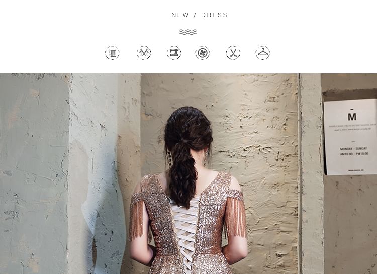 Gown A-Line Plus Cold-Shoulder Sequin Size Fringed Evening