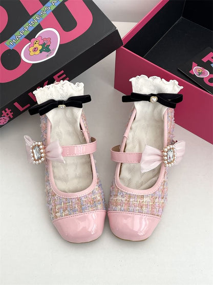 Block Heel Tweed Bow Mary Jane Pumps