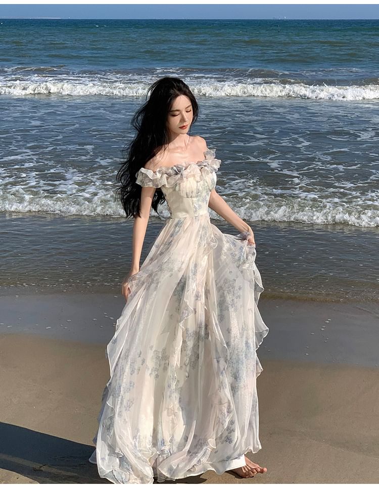 Off Shoulder Floral A-Line Evening Gown