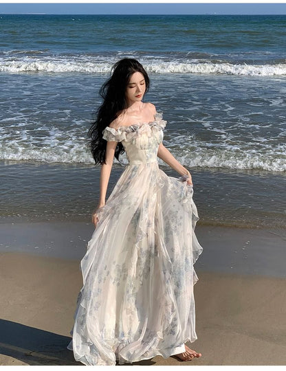 Off Shoulder Floral A-Line Evening Gown