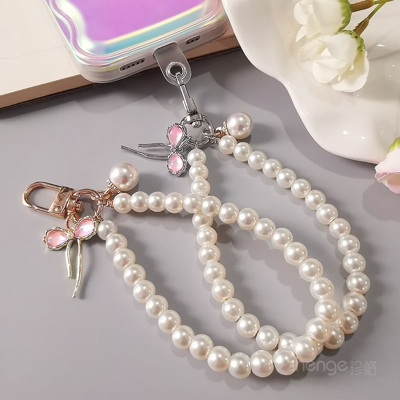 Bow Faux Pearl Phone Strap with Lanyard Pad