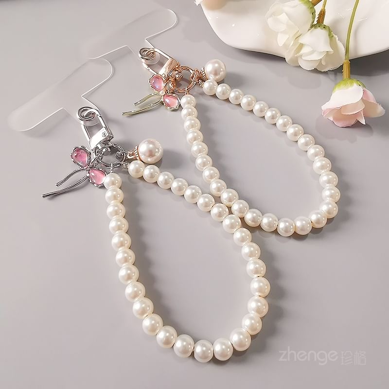 Bow Faux Pearl Phone Strap with Lanyard Pad