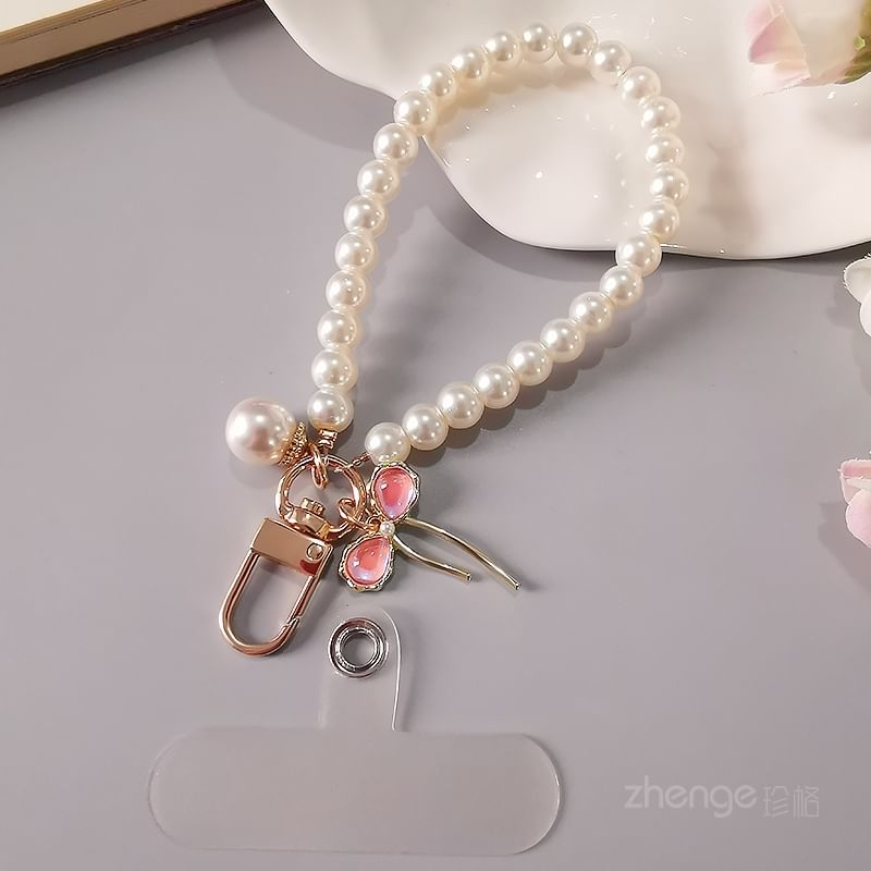 Bow Faux Pearl Phone Strap with Lanyard Pad