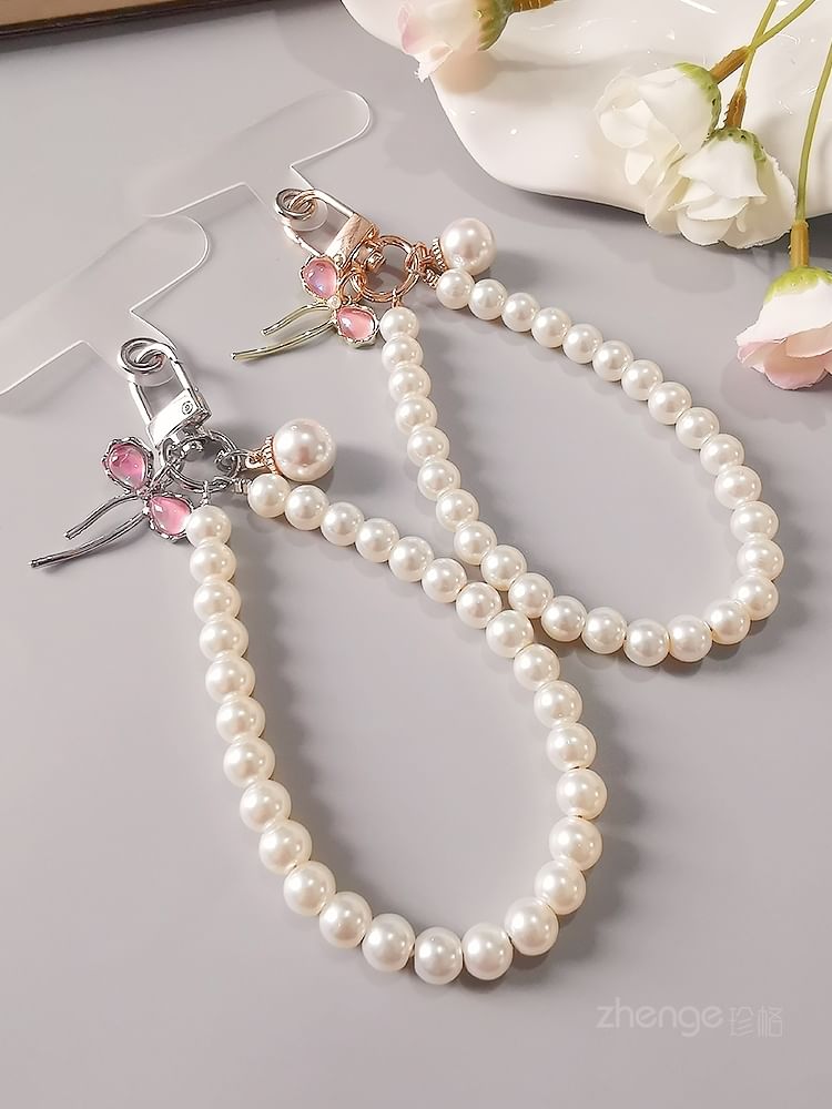 Bow Faux Pearl Phone Strap with Lanyard Pad