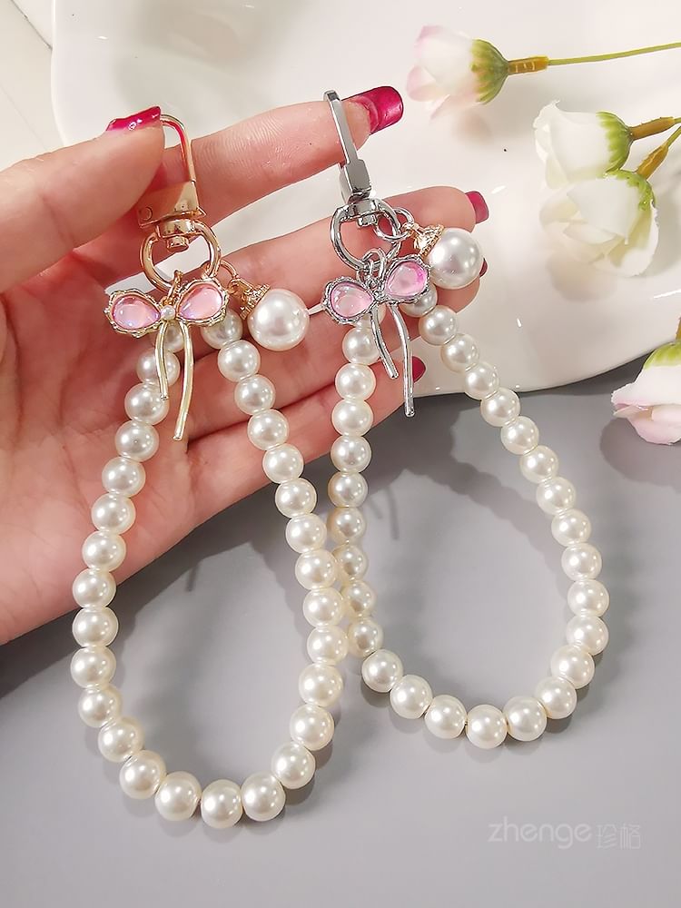 Bow Faux Pearl Phone Strap with Lanyard Pad