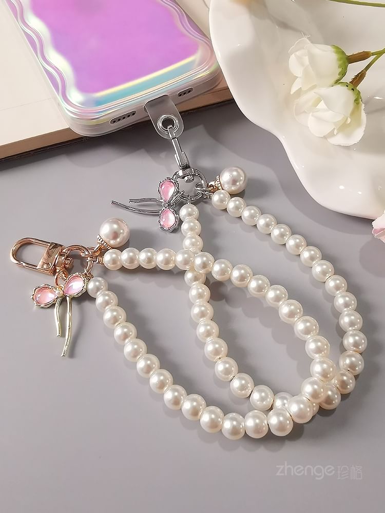 Bow Faux Pearl Phone Strap with Lanyard Pad