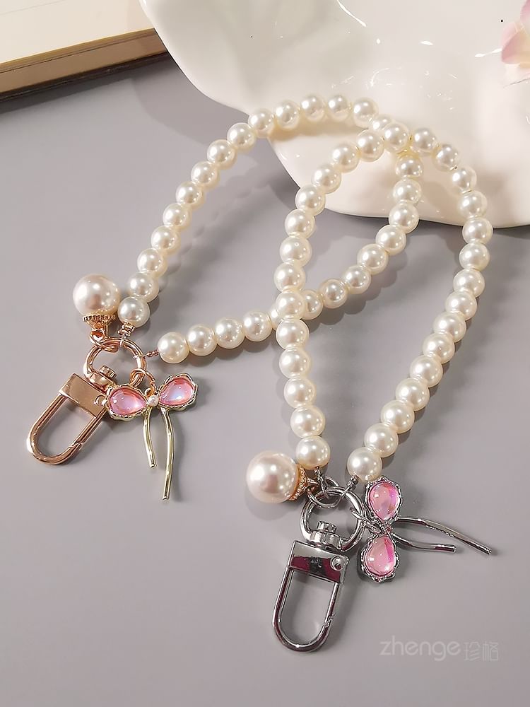 Bow Faux Pearl Phone Strap with Lanyard Pad