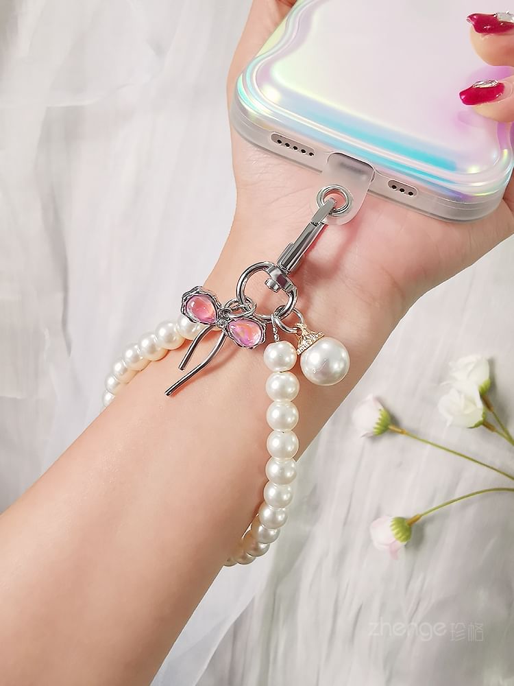 Bow Faux Pearl Phone Strap with Lanyard Pad