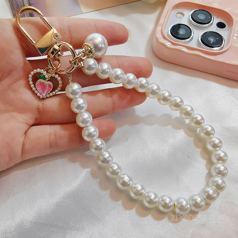 Peach Faux Pearl Phone Strap with Lanyard Pad