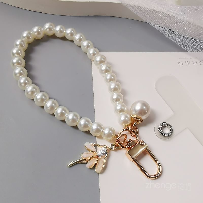 Faux Pearl Phone Strap with Lanyard Pad