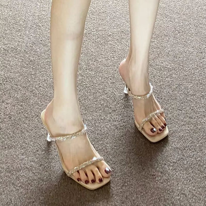 Rhinestone High Heel Slide Sandals