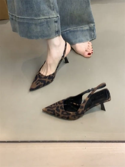 Pointed Toe Leopard Print High Heel Slingback Sandals