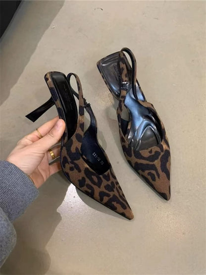 Pointed Toe Leopard Print High Heel Slingback Sandals