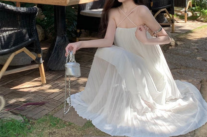 Midi Dress Plain Spaghetti Strap Pleated