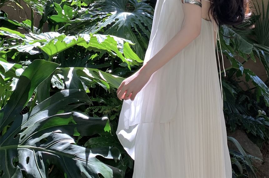 Midi Dress Plain Spaghetti Strap Pleated