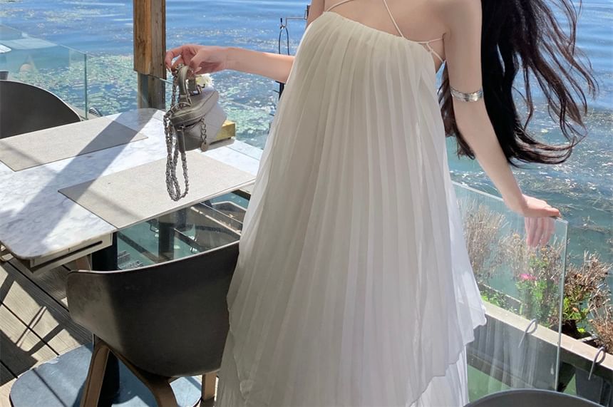 Midi Dress Plain Spaghetti Strap Pleated